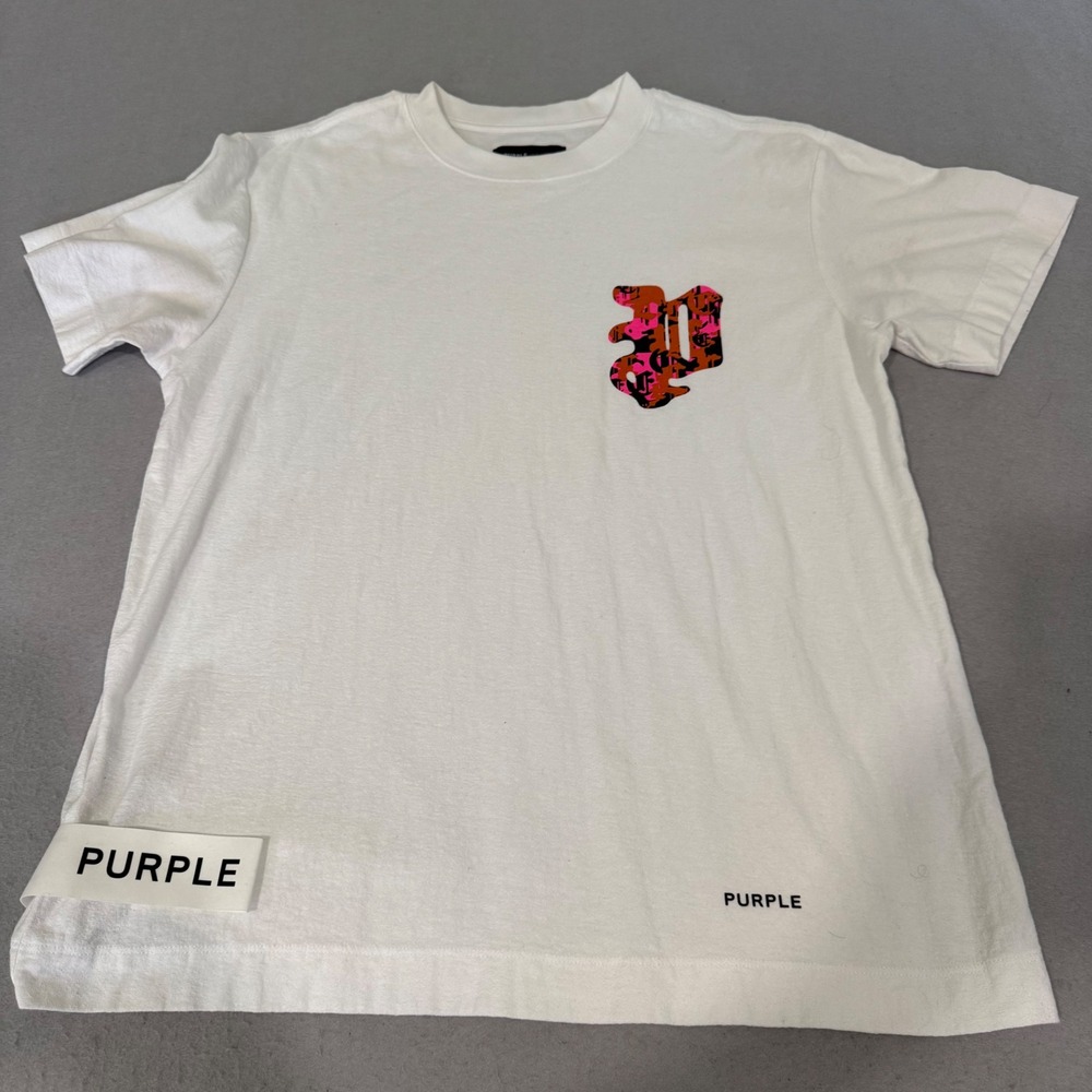 Purple Brand T-Shirt Men Size S White Short Sleeve Chenille Graphic Patch Tee